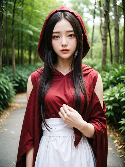  top quality, one beautiful woman, image of a stunning woman with a stylish short haircut featuring a neat undercut, dressed in a Red Riding Hood-inspired outfit. She wears a rich, deep red cloak with a hood that drapes over her shoulders, contrasting beau...