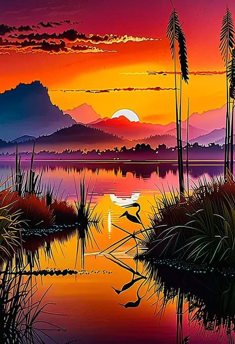 sunset on the lake, impressionism, bright and vibrant colors, reflections, golden reed reflections, silhouettes of herons, drama...