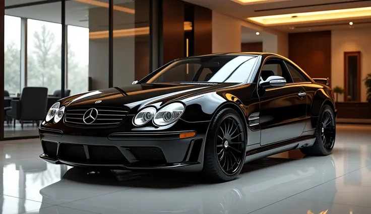 "High-definition, realistic image of a sleek, black Brabus 6.0 Biturbo car from 2003, shown in a luxurious, high-end showroom setting. The car is positioned for a front view, highlighting its powerful grille, headlights, and the bold, polished finish of th...