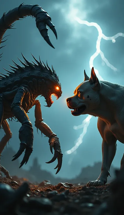 "Create a dramatic scene where a forest scorpion and a pit bull are placed together, both in an aggressive and angry stance, facing each other. The forest scorpion should have its pincers raised high, its tail arched and poised to strike, with its glowing ...