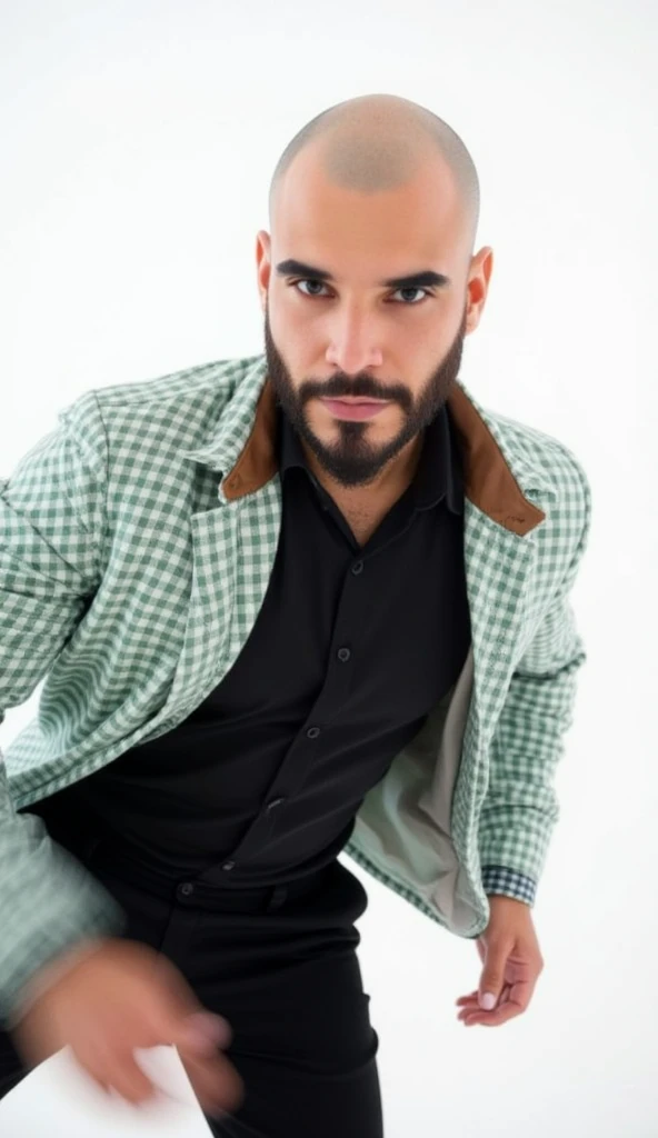 IMG_1117.CR2 outlandish fashion editorial, style of ROBIN THICKE BLURRED LINES music video for NUMERO magazine, young Brazilian man with light , sun-kissed skin tone (not dark-skinned), bald with a beard, 1.83m tall, with a strong frame and balanced bone s...