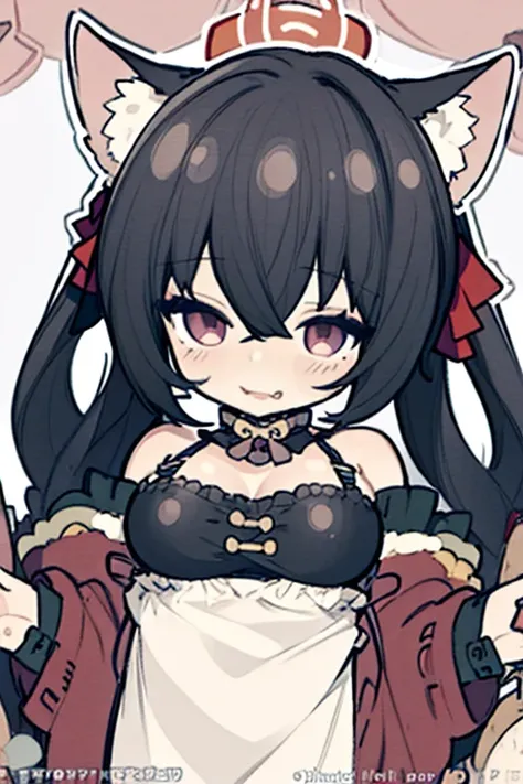 oppai loli, black hair, hair bobbles, wince, longeyelashes, solid circle eyes, fake animal ears, light smile, ear blush, fang, ccurate, brown hair, short twintails, mole under eye, mole under eye, cat ears, smile, large breasts, inverted nipples, huge areo...