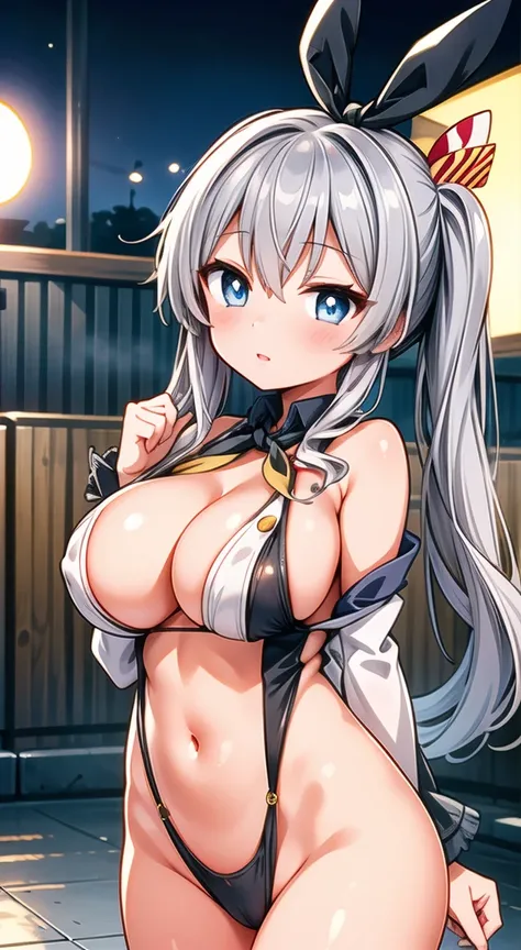 kankore kashima,kankore,shimakaze costume,masterpiece, highest quality, (anime screencap:1.3),(shape), cute,(simple:1), (anime:1.2),Solo Sharp Focus, 1 girl, cleavage,looking at the viewer, nighttime pools,Are standing,,beautiful hair,heart shaped pupils,(...