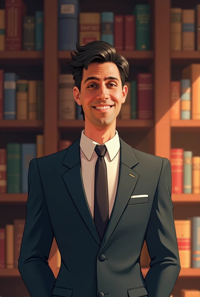  Animation of a white man with, black social hair, in a suit,  with a bookcase behind him .