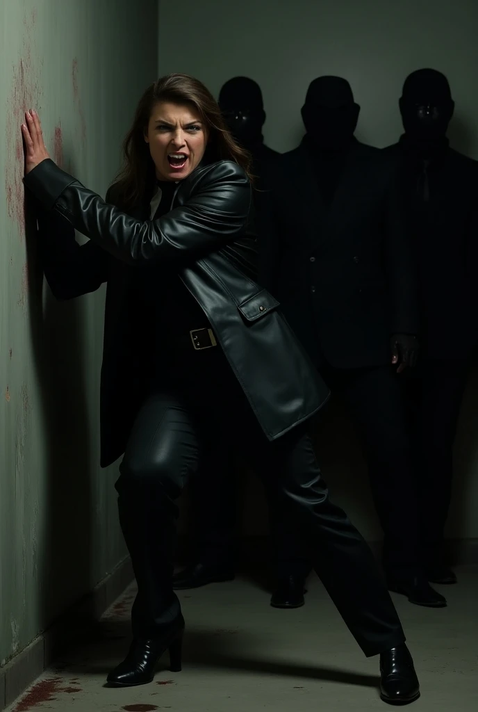  A girl in a black leather coat and shoes strangles a guy in a black business suit, presses him against the wall .  There are three black monsters behind the girl 