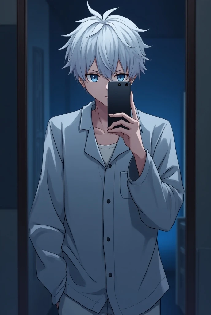  Anime of a 20-year-old young man with white hair and blue eyes , Upper body, wearing gray pajamas , selfie,  boy taking a selfie with a cell phone without showing his face in front of a mirror, bedroom in the back, night