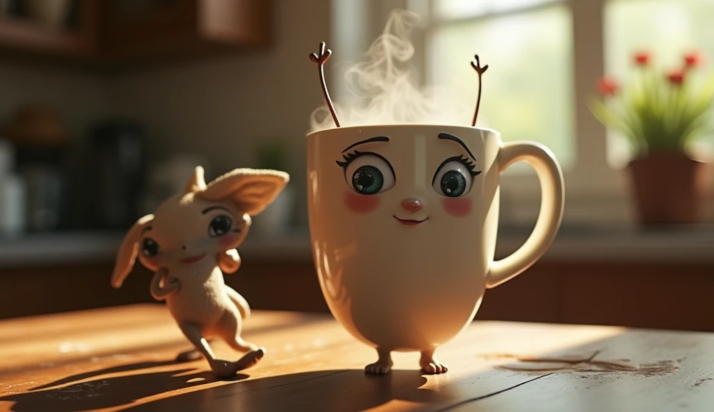  A mug of coffee with an alluring face huddles after a person, live photo style picture  