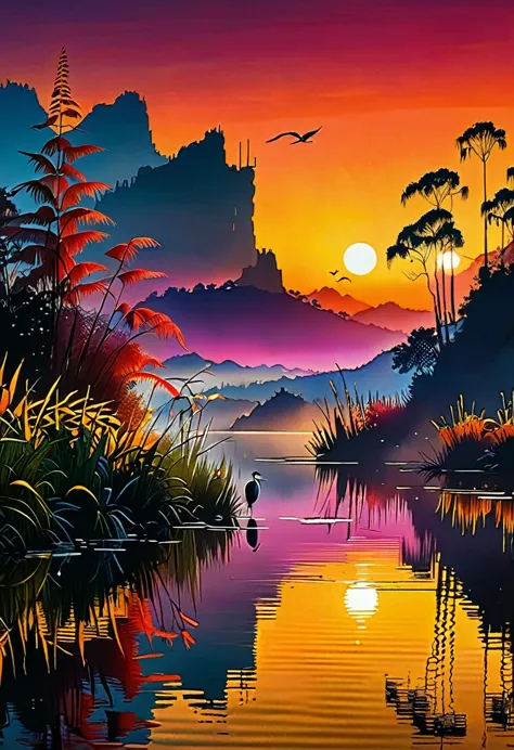 sunset on the lake, impressionism, bright and vibrant colors, reflections, golden reed reflections, silhouettes of herons, drama...