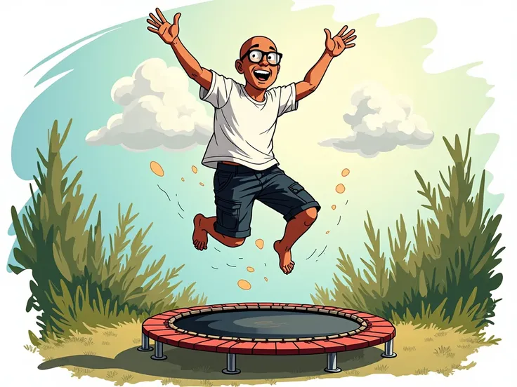 DOODLE ART, PLAYING TRAMPOLINE, INDONESIAN GUY, TAN SKIN, BALD, EYE-GLASESS, WHITE T-SHIRT & BLACK CARGO SHORT. 