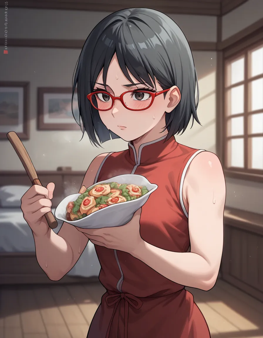 salad uchiha,  short hair ,  black hair ,  dark eyes, red-rimmed glasses, glasses,  sweep bang,,(side，side，side sweat，sideの皺:1.3...