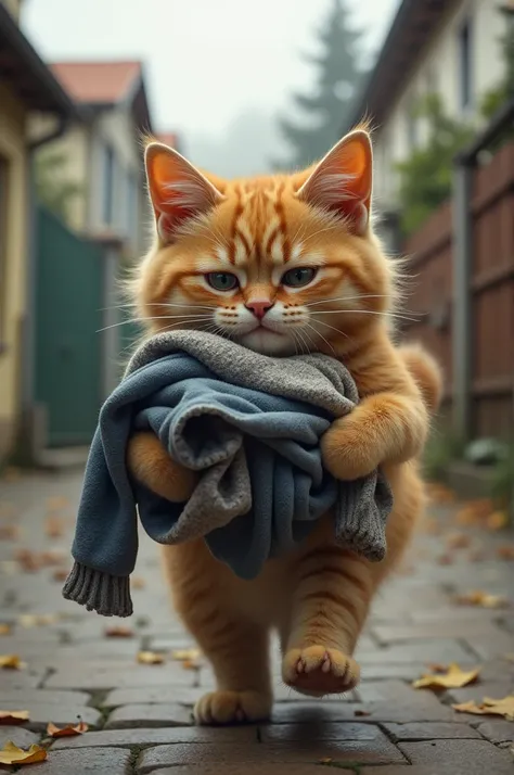 Make a picture of a decently dressed cat walking with a bundle of clothes because it was kicked out of the house 