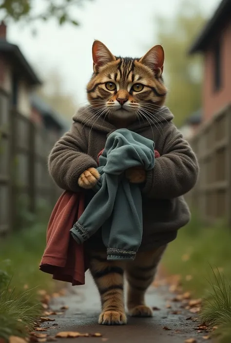 Make a picture of a decently dressed cat walking with a bundle of clothes because it was kicked out of the house 