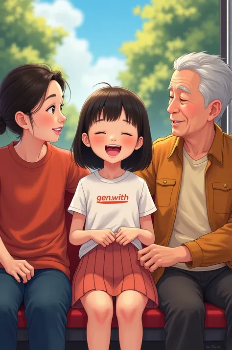 a beautiful Taiwanese girl wearing a white t-shirt with the words  "Gen.With"  and a short pleated skirt was sitting in a bus laughing .  around the girl appeared to be grandparents surrounding her .  a grandfather appeared to be pulling the front of the g...