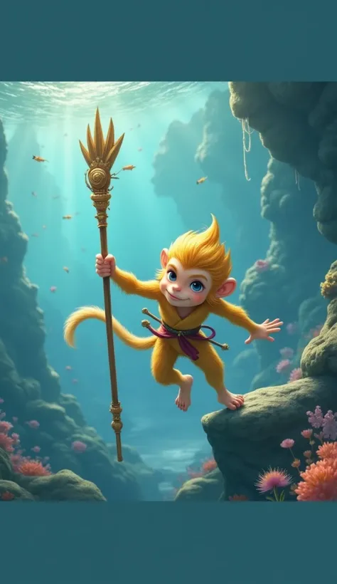 A young boy looking like a golden monkey warrior wukong going to the Underwater Kingdom 