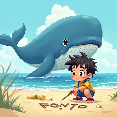 A lively illustration of a young boy with a playful smirk and messy hair, writing secret messages in the sand with a stick, proud of his work. Behind him, a giant, gentle blue whale swims, symbolizing his imagination in action. The scene captures the ’s ad...