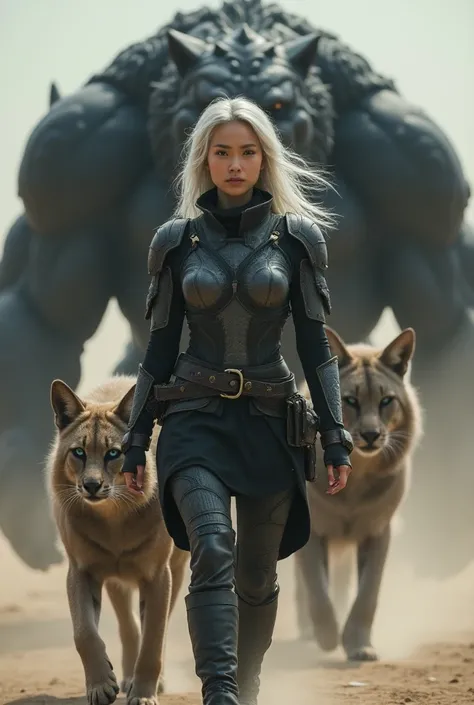 asian girl 18 years, คนจริง, a full view of the model,
Create an intense scene of a fierce female warrior with silver-blonde hair, walking confidently forward. She is flanked by a mystical, otherworldly creature—a massive, armored black beast with glowing ...