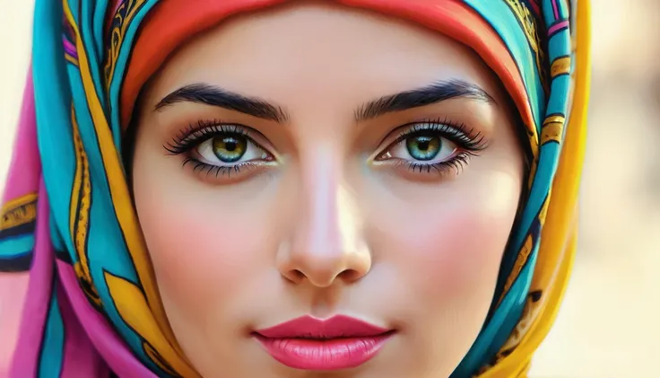 there is a woman with a colorful head scarf and a bright scarf, a digital painting inspired by Bernd Fasching, tumblr, pop art, close up face, closeup shot of face, close up of face, closeup face, close up at face, close - up on face, zoom in on face, deta...