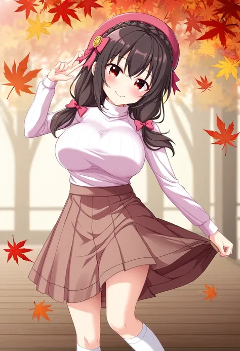 yunyun、masterpiece,Best Quality,  high resolution on down,One person, Yunyun、名前はYunyun,  crown braid the same color as hair, Black Hair、Red eyes、 hair accessories,  hair bow, ( white turtleneck:1.2), ( brown skirt),  knee socks, (She has big breasts)、( inn...