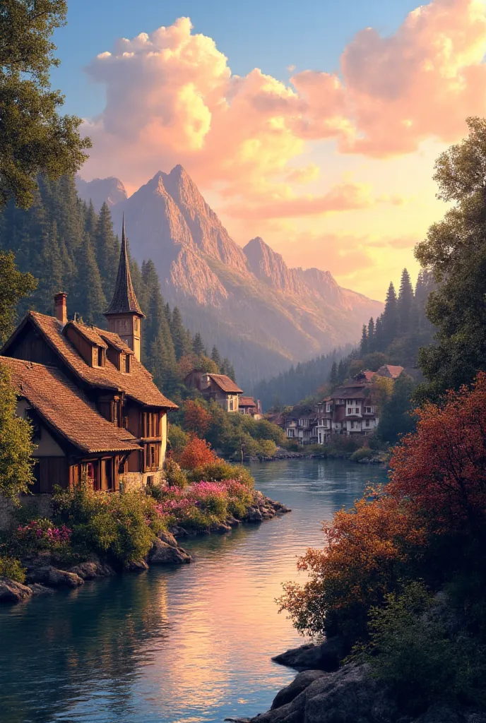 a small village by the river ,  mountains in the background,  colorful flowers , detailed landscape,  beautiful natural scenery ...