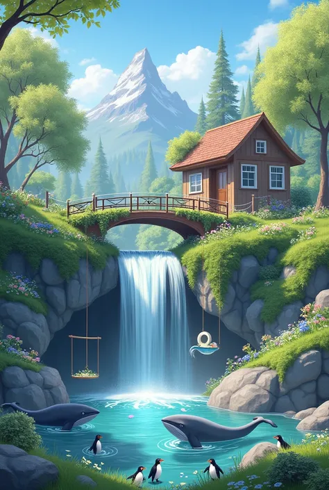 In front of the house with a fountain in the middle of the house, there is a bridge from the waterfall to the house, a bridge full of flowers along the way, there are 2-3 whales, penguins with snow and a little mountain, there is a lawn with swings by the ...