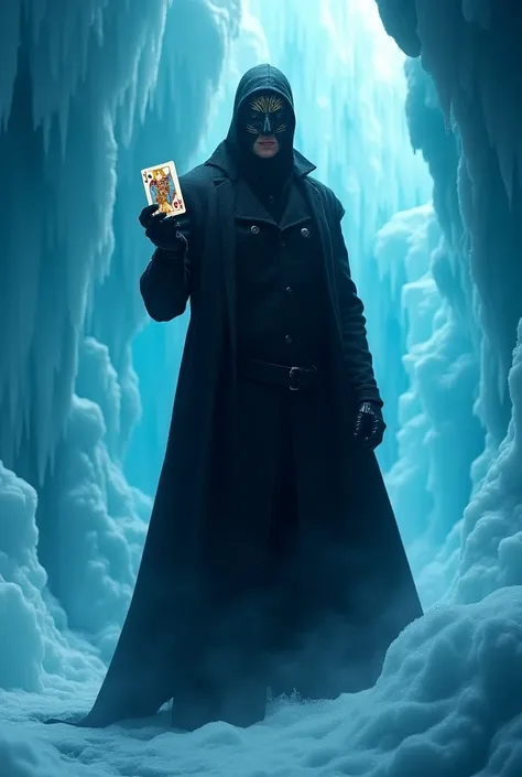 Man with mask on holding a playing card, Ice cave background, with the word “rogue” under it