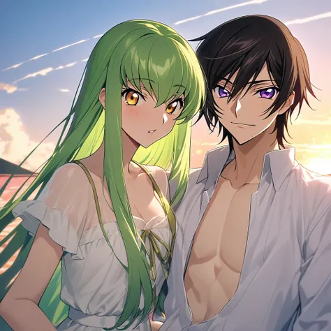 Anime couple ,Anime man ,lelouch lampeourge  ,short black hair,pruple eyes   with anime woman, CC, Code Geass, long green hair, yellow eyes ،summer outfit , in Yacht , sea , blue sky,sunset دقة عالية, عمل رائع, علم التشريح صحيح, دقيق, أفضل جودة, لقطة مقرّب...