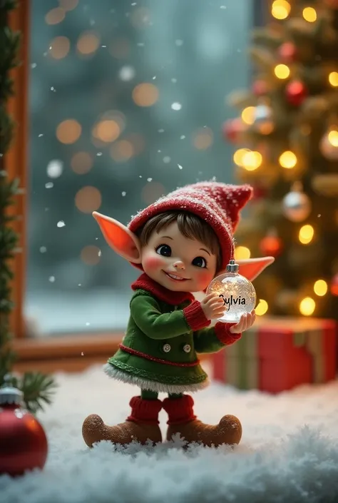 Little elf holding a transparent Christmas ball with the name Sylvia on a Christmas background 