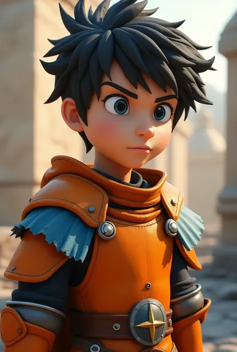  A young male knight with black hair and blue eyes, in orange armor with frayed and crumpled blue parts , in 3d animation style