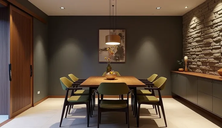 The dining room , , which has 12m² ,  shaped like a rectangular room ,  has a medium-sized table in the center of the room ,  accompanied by 6 chairs with dark wood feet and armrests and a seat and backrest of linen in the color moss green. Piso dessThe di...