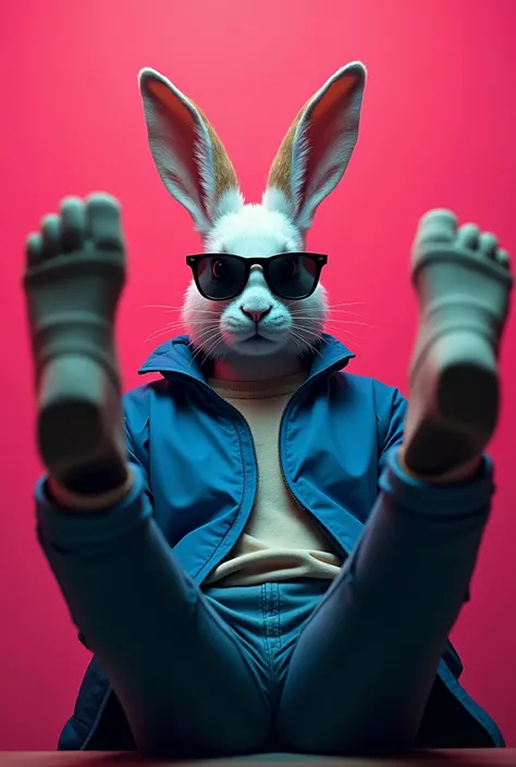 The image features a human-like figure with the head of a rabbit wearing dark sunglasses and a blue jacket, set against a pink background. Behind the rabbit-headed figure, there is a close-up view of a person from the waist down, wearing pink shorts, with ...