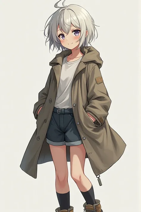 A girl messy white short hair age around 17-18 height 166 cm. Weight 40 kg. Wear coat short pants and knee high socks