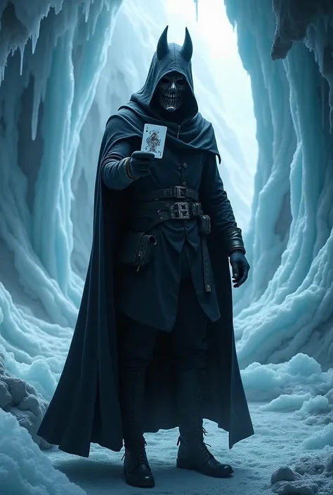 Man with mask on holding a playing card, Ice cave background, with the word “rogue” under it