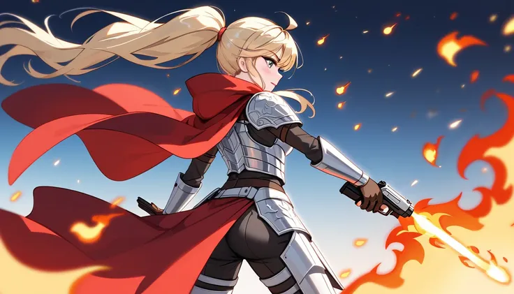 A dramatic scene featuring a female warrior viewed from behind, wearing a flowing red cloak instead of armor. She holds a pair of semi-automatic pistols, with distinctive designs in each hand. In her right hand is a sleek, silver pistol labeled "VIRTUE," d...