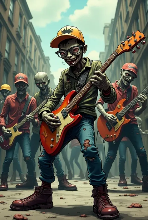 Punk Rock Band 6 members zombies 
a male ant Solo singer with nerdy glasses
And a short-sighted zombie solo singer with a jockey cap 