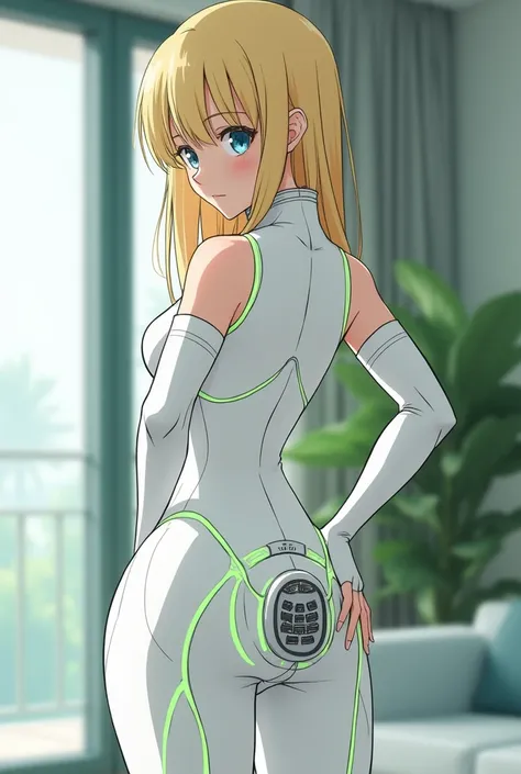 anime, female, young adult, in her early twenties, white form-fitting suit that covers the entire body except arms, futuristic, green lines, accentuated crotch, hourglass figure, sleeveless, Bare arms, futuristic home, visible outlines of groin, long blond...