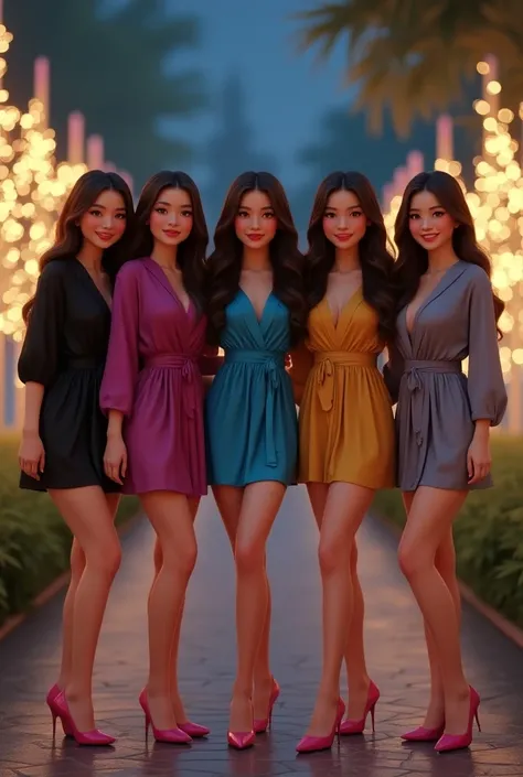 create a 3d hyper realistic image of a  five beautiful Filipina women standing wearing pink shoes with long straight shinny flowing brown hair smiling standing side by side, each sexy black,blue,mustard,purple, grey silk cloth robes  short length  with bel...