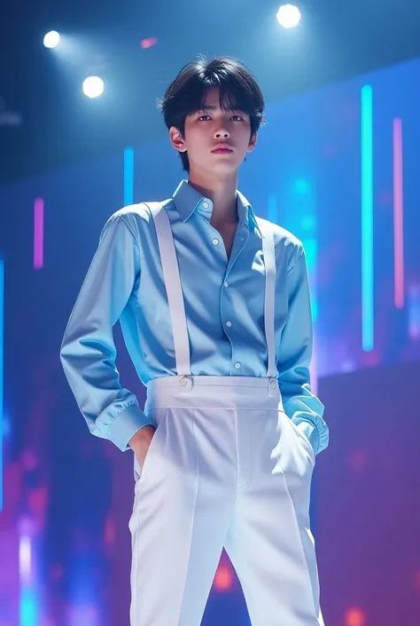 A 15-year-old Japanese male idol wearing a light blue satin shirt and white satin overalls