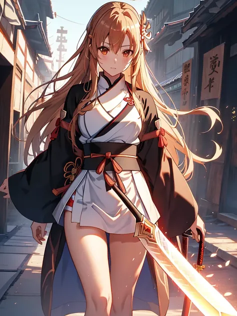 samurai, Great sword, Sword Master, ( Asuna Yuki_ Sword Art Online),  cowboy shot, UHD, retina, masterpiece, accurate, anatomically correct, textured skin, super detail, high details, high quality, best quality,  highres icon, 8k