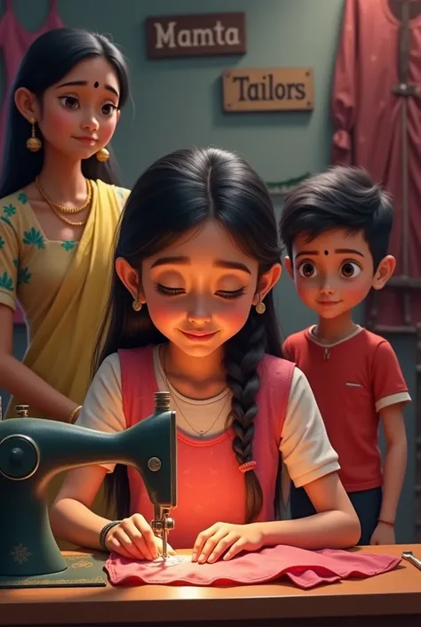 A girl who is stitching a blouse with a smile is sitting on a chair on the machine. "Mamta Tailors" is written on the board on the wall behind the girl. His mother stand his side who is wearing shaadi . His  small brother asking some question who   stand h...