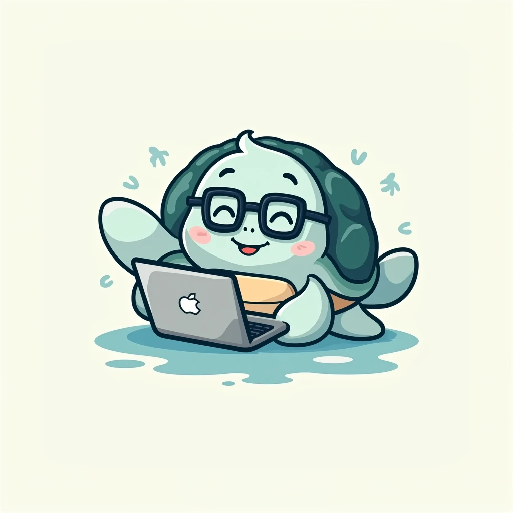 This minimalistic logo features a happy and cute male sea turtle with short white gray hair, wearing square black-rimmed glasses and holding a laptop computer. The sea turtles eyebrows are thin, the rims of its eyes are downcast and laughing, and it has a ...