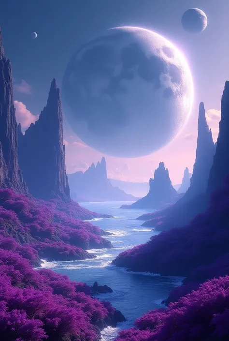 A planet with giant oceans and The plants are purple and have a supercontinent and have three moons