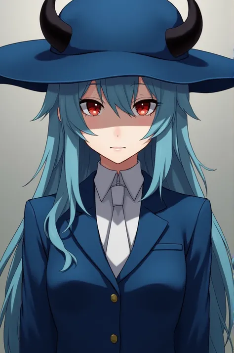 Violet Evergarden A tall woman wearing a blue suit with a white tie, fair skin, a sky blue ponytail, black horns, and a blue Outback hat, and a cold face with sharp, red eyes.