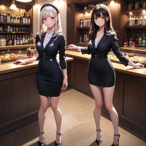 (2girls, masterpiece:1.5),(best quality, highest quality, Highest Resolution, ,Detailed depiction,Detailed Images:1.3),((whole body from toes to head, Full Body Shot, Including face)), 4K,Beautiful woman,((beret,military uniform suit), tight skirt), ((High...