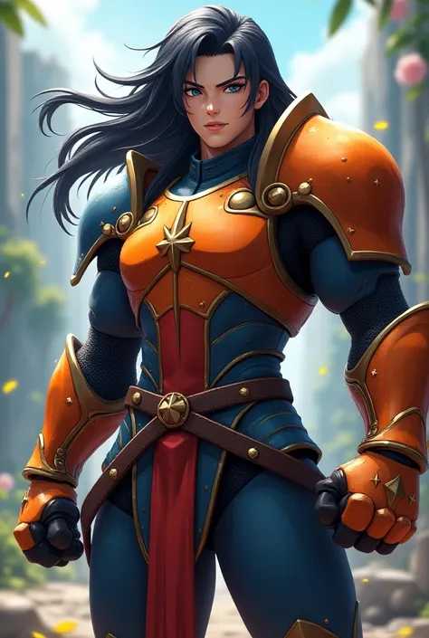  A male knight with black hair and blue eyes, wearing orange armor with blue parts , with punch mittens , in 3d animation style