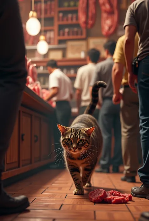 A cheapless cat enter the local butcher shop in small crowd and theft the small fresh piece of meat
