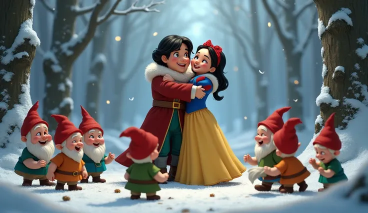 Lost ren ,  joyfully hug and celebrate Snow White and the gnomes when they are free; Draw in animation style but realistic.