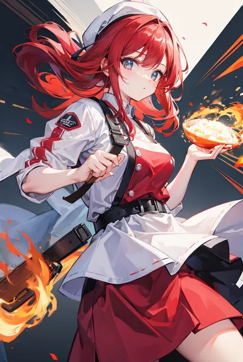 1girl, standing portrait, Central Focus, Centered, Fully in-frame, Solo, Standing still, zoomed out, Chubby

Gender: Female

Appearance: chubby chef girl with flame-red hair and a chef toque wearing a 5-star chef outfit with a fiery jacket and utility belt...