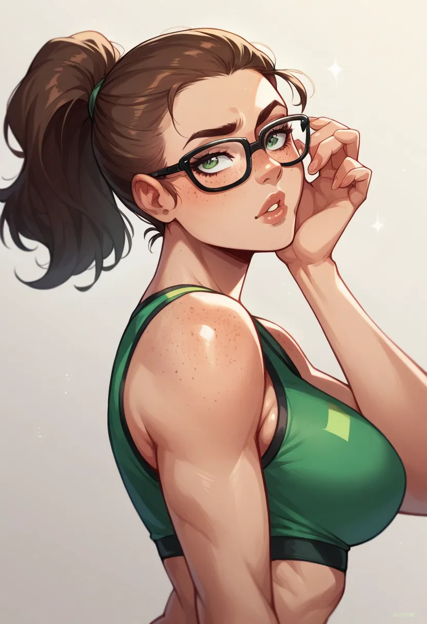 sexy girl, brown hair, ponytail, glasses, lips, curvy, dark green eyes, freckles in face, black leggins, green sport bra, perfec...