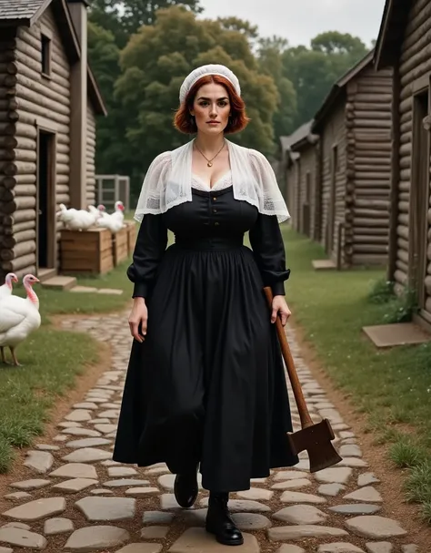 Photorealistic, cinematic style, a picture of a beautiful British woman in a puritan womans outfit. She has black dress, white bonnet and white capelet, white apron. Black buckle shoes. Shes walking on a stony path between farmyard loghouses in Massachuset...