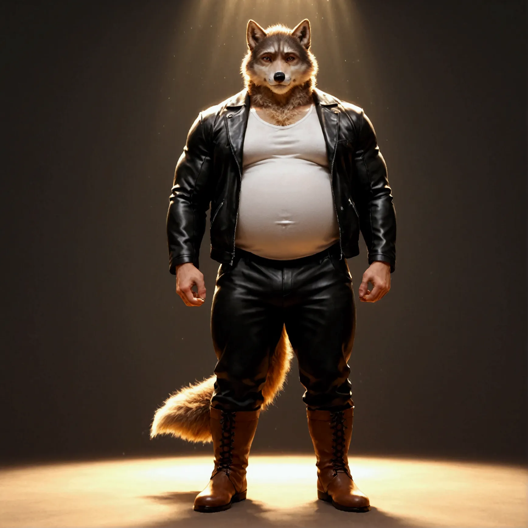 character focus, full body, looking away, dynamic angle, european fantasy, a musclegut middle-aged wolf man, jacket, shirt, pant...